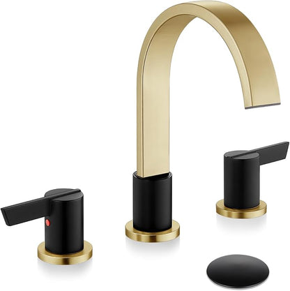 Midanya 8 Inch Widespread Bathroom Sink Faucet 3 Hole,Black and Gold Spout | Waterfall Swivel Spout,2 Handle,SUS304,with Pop Up Drain,cUPC 24" Water Hose,for 6-16” hole distance vanity,RV,Farmhouse Sink