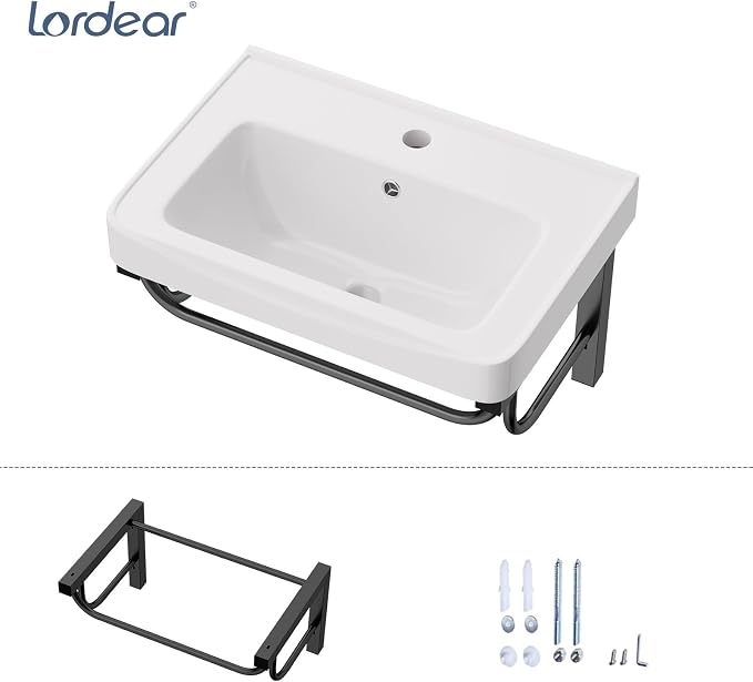 Lordear Wall Mounted Bathroom Sink with Towel Rack 20 x 14 Inch Modern Black Wall Hung Sink for ADA Bathrooms, Rectangular One Hole Porcelain Vanity Sinks