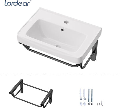 Lordear Wall Mounted Bathroom Sink with Towel Rack 20 x 14 Inch Modern Black Wall Hung Sink for ADA Bathrooms, Rectangular One Hole Porcelain Vanity Sinks