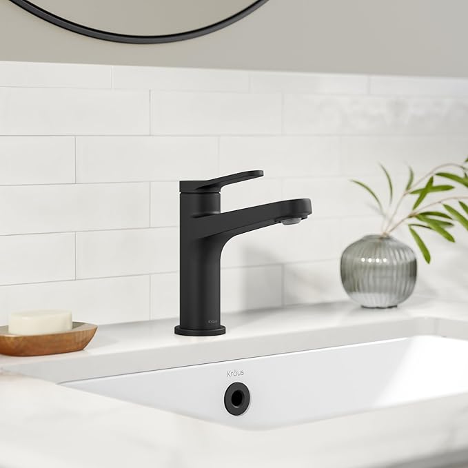 Black faucet on a white sink with a neutral-colored wall and plant in the background