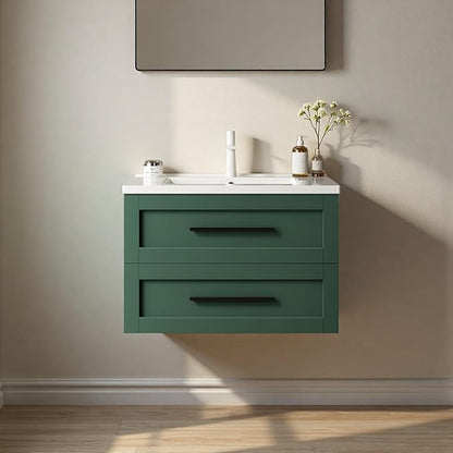 Floating Bathroom Vanity with Sink, 30" Bathroom Storage Cabinet with Curve Design Ceramic Basin & 2 Soft-Close Drawers, Wall-Mounted Vanity with Large Storage Space & Black Handle, Green