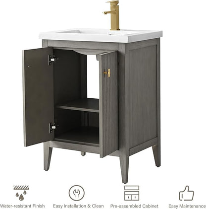 HOMEBEYOND 24" Bathroom Vanity with Ceramic Sink, Solid Wood Free-Standing Vanities Cabinet, Ceramic Top, Golden Brushed Handware & Soft Closing Door, Driftwood Gray
