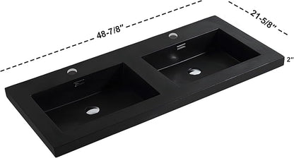 Dowell 49" Bathroom Sink,Double Bowl Vanity Basin,Rectangular Drop-In Bathroom Sink with Overflow,Black-000 4922BPBL