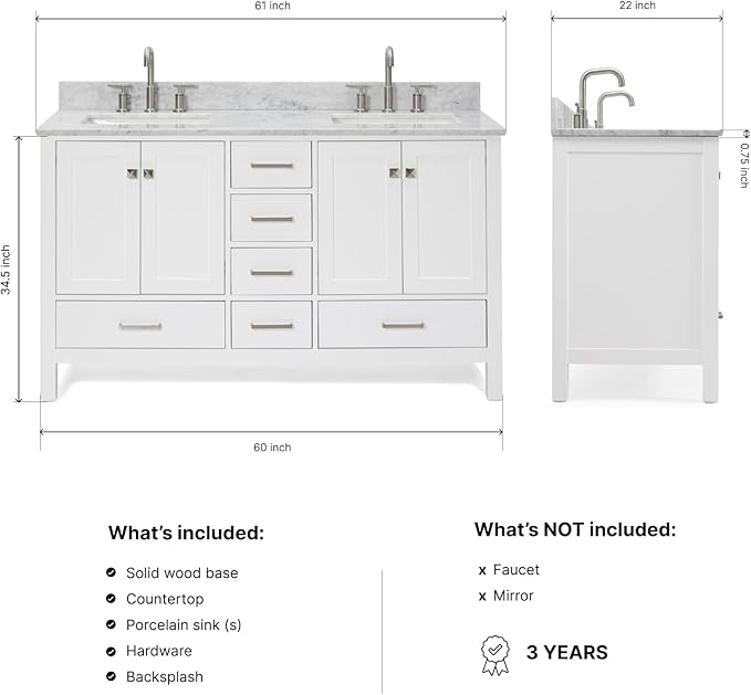 ARIEL Cambridge 60-inch Bathroom Vanity with Sink,Solid Wood, 0.75-inch Italian Carrara Marble Countertop, Double Rectangular Porcelain Sink, 4 Soft Closing Doors, 6 Dovetail Drawers, White