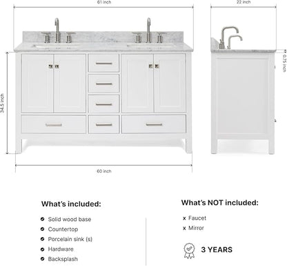 ARIEL Cambridge 60-inch Bathroom Vanity with Sink,Solid Wood, 0.75-inch Italian Carrara Marble Countertop, Double Rectangular Porcelain Sink, 4 Soft Closing Doors, 6 Dovetail Drawers, White