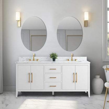 Vanity Art 72 inch Bathroom Vanity with Double Sink & Ceramic Top, Vanity Cabinet with Soft-Closing Doors, Drawers, Solid Wood Frame, White, Golden Brushed Handware