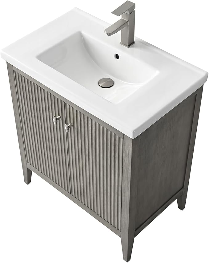 HOMEBEYOND 30" Bathroom Vanity with Ceramic Sink, Solid Wood Free-Standing Vanities Cabinet, Ceramic Top, Golden Brushed Handware & Soft Closing Door, Driftwood Gray