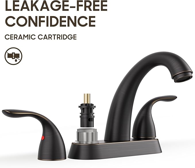 Phiestina 4 Inch 2 or 3 Holes 2 Handles Centerset Lead-Free Bathroom Sink Faucet, Oil Rubbed Bronze Bathroom Faucet with Copper Pop Up Drain and Water Supply Lines, BF008-5-ORB