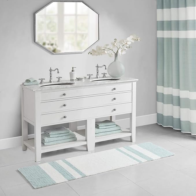 Madison Park Reversible Spa Cotton Bath Rug 100%-Cotton Striped Ultra Soft Water Absorbent, Fast Drying, Bath-Mats, Non-Slip Absorbent Quick Dry Mats for Tub, Shower Room, and Bathroom, 24x72, Aqua | Quick Dry, Ultra Soft, Pile, Machine Washable, Plush...