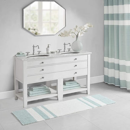 Madison Park Reversible Spa Cotton Bath Rug 100%-Cotton Striped Ultra Soft Water Absorbent, Fast Drying, Bath-Mats, Non-Slip Absorbent Quick Dry Mats for Tub, Shower Room, and Bathroom, 24x72, Aqua | Quick Dry, Ultra Soft, Pile, Machine Washable, Plush...