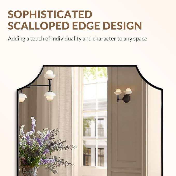 24"x30" Scalloped Vanity Mirror, Matte Black Framed Bathroom Mirror, Modern Wall Mirror in Premium Stainless Steel Frame, Aesthetic Scalloped Corner Design, Ideal for Bathroom Remodel