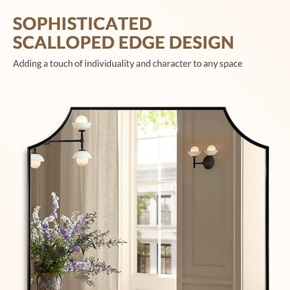 24"x30" Scalloped Vanity Mirror, Matte Black Framed Bathroom Mirror, Modern Wall Mirror in Premium Stainless Steel Frame, Aesthetic Scalloped Corner Design, Ideal for Bathroom Remodel