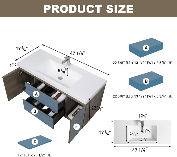 Floating Vanity Bathroom, 48 Inch Bathroom Vanity with Sink, Wall Mounted Single Sink Bathroom Vanity, Soft Closed 2 Drawers, Integrated Sink (Ash Grey)