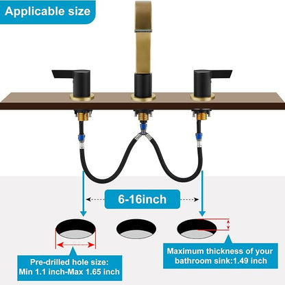 Midanya 8 Inch Widespread Bathroom Sink Faucet 3 Hole,Black and Gold Spout | Waterfall Swivel Spout,2 Handle,SUS304,with Pop Up Drain,cUPC 24" Water Hose,for 6-16” hole distance vanity,RV,Farmhouse Sink