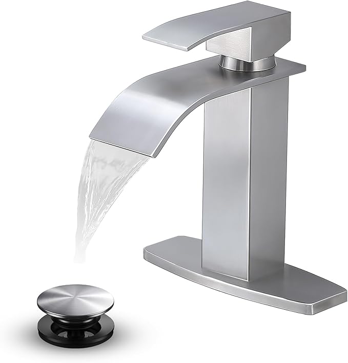 VAPSINT Brushed Nickel Waterfall Bathroom Faucet, Modern Single Handle Bathroom Sink Faucet for 1 or 3 Hole, Stainless Steel Deck Mount Vanity Washbasin Faucets with Deck Plate and Pop-up Drain