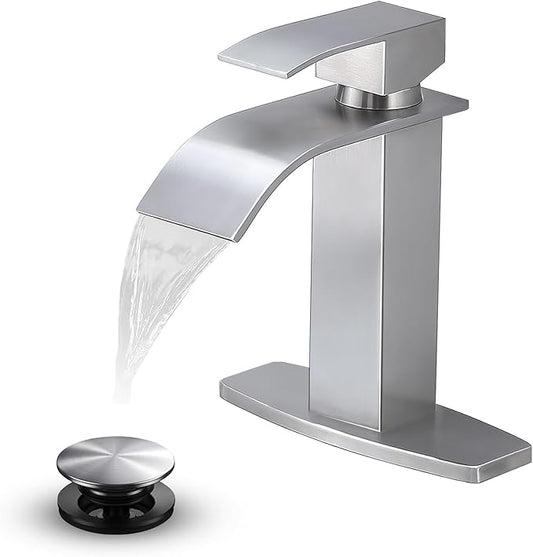 VAPSINT Brushed Nickel Waterfall Bathroom Faucet, Modern Single Handle Bathroom Sink Faucet for 1 or 3 Hole, Stainless Steel Deck Mount Vanity Washbasin Faucets with Deck Plate and Pop-up Drain