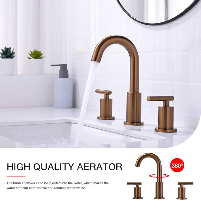 TRUSTMI 2 Handle 8 Inch Widespread Bathroom Sink Faucet with Overflow Pop Up Drain Assembly 3 Piece Brown Bronze Vanity Tap with cUPC Water Supply Lines, Brass, Brushed Rose Gold