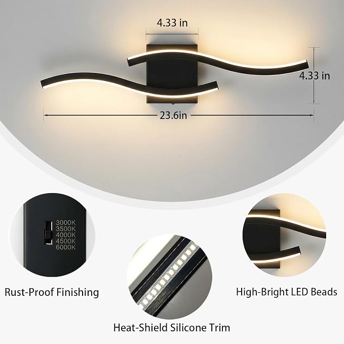 Vanity Light for Bathroom, 23.6 Inch Black LED Dimmable | Bathroom Lights Fixture Over Mirror, 5CCT Adjustable Color Temperatures Modern Wall Sconces for Bathroom Bedroom Living Room