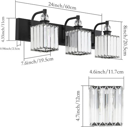 Ralbay Crystal Black Vanity Light for Bathroom 3 Light 24''Modern Matte Black Bathroom Vanity Lighting Fixtures Over Mirror