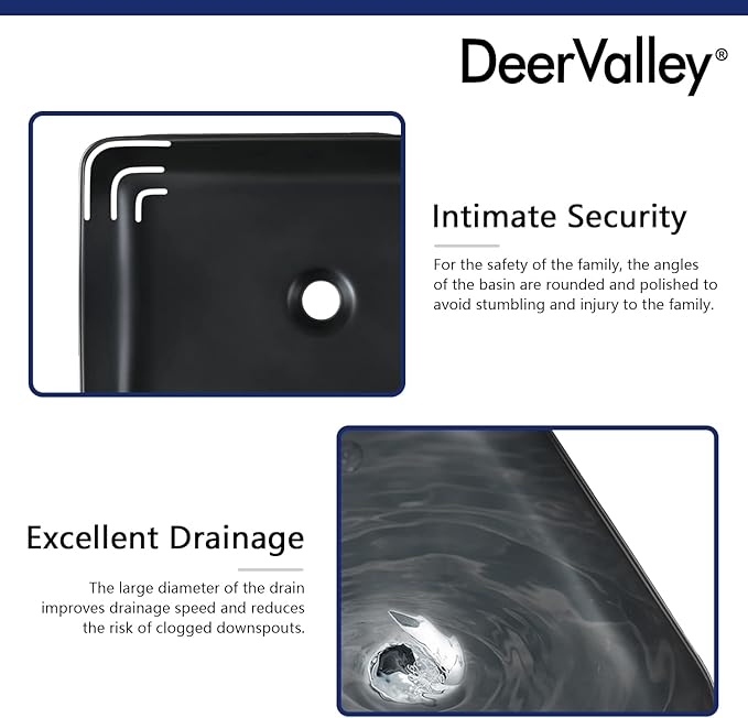 DeerValley DV-1V0010 Ally Bathroom Vessel Sink 20" Matte Black Rectangular Ceramic Bathroom Sinks