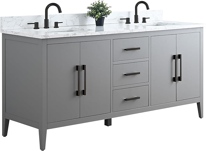 HomeBeyond 72 Inch Bathroom Vanity with Sink & Ceramic Top, Double Vanity Cabinet with Basin, Soft-Closing Doors & Matte Black Hardware, Grey