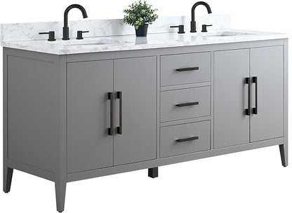 HomeBeyond 72 Inch Bathroom Vanity with Sink & Ceramic Top, Double Vanity Cabinet with Basin, Soft-Closing Doors & Matte Black Hardware, Grey