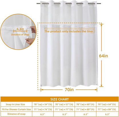 eachope 1pack Fabric Snap-in Shower Curtain Liner, Extra Long Shower Curtain Liner,Removable & Machine Washable, Water-Repellent ((70" Wx64 H Liner for 71" W x84 H Shower Curtain), White)