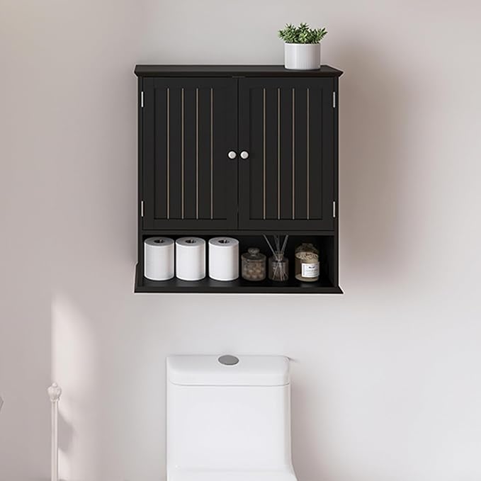 Wall Cabinet with 2 Doors & Open Shelf – Space Saving Medicine Cabinet, Wooden Wall Mounted Storage Cupboard for Bathroom Organization Black