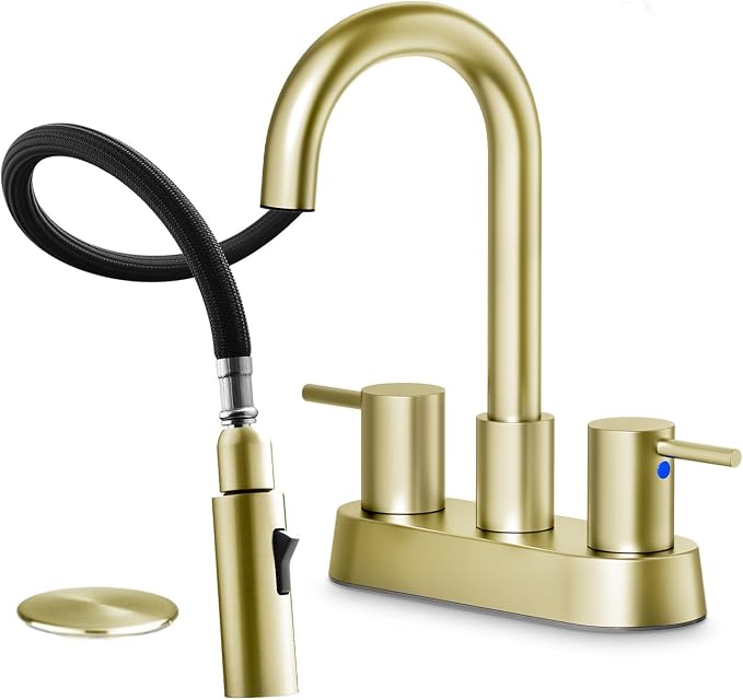 Brushed Gold Bathroom Faucet with Pull Out Sprayer, Dual-Function Spout Gold Bathroom Sink Faucets, 4 Inch Two Handle Utility Sink Faucet with Sprayer 3 Hole, Easy Pet Shower, RVs