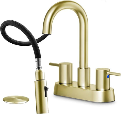 Brushed Gold Bathroom Faucet with Pull Out Sprayer, Dual-Function Spout Gold Bathroom Sink Faucets, 4 Inch Two Handle Utility Sink Faucet with Sprayer 3 Hole, Easy Pet Shower, RVs
