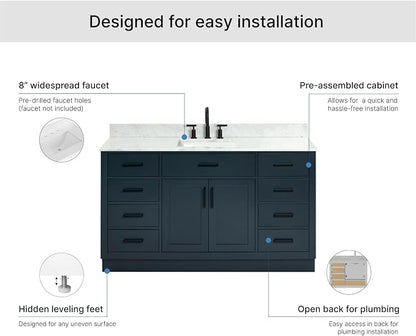 ARIEL Hepburn 60-inch Bathroom Vanity with Sink,Solid Wood, 0.75-inch Italian Carrara Marble Countertop, Single Rectangular Porcelain Sink, 2 Soft Closing Doors, 9 Dovetail Drawers, Midnight Blue