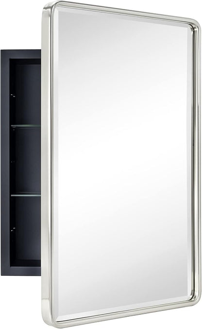 TEHOME Farmhouse Brushed Nickel Metal Framed Recessed Bathroom Medicine Cabinet with Mirror Rounded Rectangle Medicine Cabinet with Beveled Mirror 16x24''