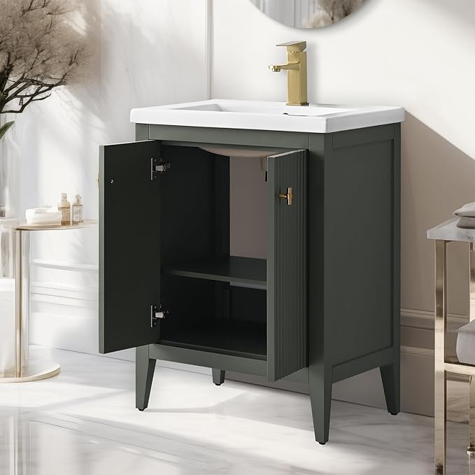 Vanity Art 24 inch Bathroom Vanity with Single Sink & Ceramic Top, Vanity Cabinet with Soft-Closing Door, Solid Wood Frame, Linear Pattern, Vintage Green, Golden Brushed Handware VA9124-VG-GB