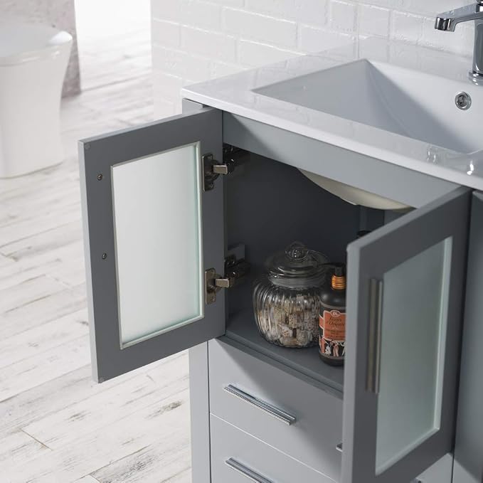 Blossom 48" Double Sink Vanity Solid Wood | Modern Metal Grey Bathroom Vanity with Sink | 18" Narrow Depth Space Saving Design | Soft Close Drawers & Tempered Glass Doors | Master Suite Upgrade
