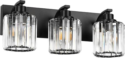 3 Lights Crystal Bathroom Vanity Light Modern Black Bathroom Light Fixture Over Mirror Vanity Lights for Bedroom,Restroom,Hallway E26 Base