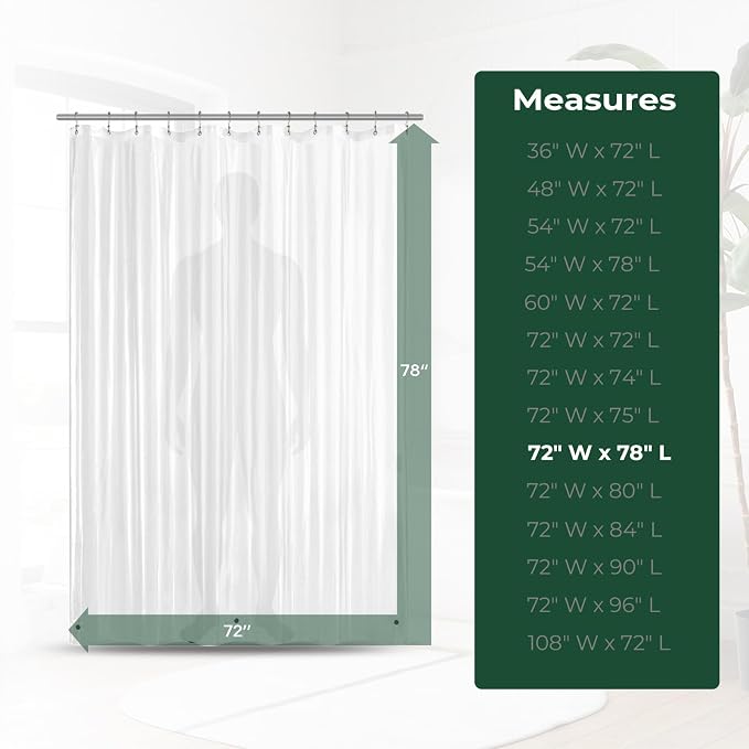 Shower Curtain Liner with Side Suction Cups, Premium PEVA Plastic Shower Liner with 3 Magnets, Waterproof Bathroom Curtain, 72 x 72, Frosted