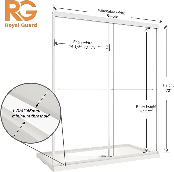 Royal Guard 56-60" W x 72" H Double Sliding Shower Door,Matte White | Semi-Frameless Glass Shower Door with 1/4'' (6mm) Clear SGCC Tempered Glass,Bypass Shower Enclosure,Easy to Clean&Waterproof