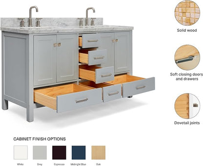 ARIEL Cambridge 60-inch Bathroom Vanity with Sink,Solid Wood, 1.5-inch Italian Carrara Marble Countertop, Double Rectangular Porcelain Sink, 4 Soft Closing Doors, 6 Dovetail Drawers, Grey