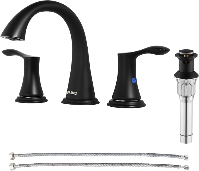 Bathroom Sink Faucet 8 Inch Widespread for Vanity, Matte Black | Mid Arc, 2 Handle Lead-Free Deck Mount Bathroom Faucet with Pop Up Drain Supply Lines, for 3 Hole Lavatory Utility Sink