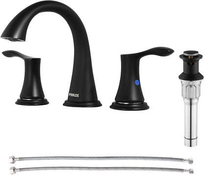 Bathroom Sink Faucet 8 Inch Widespread for Vanity, Matte Black | Mid Arc, 2 Handle Lead-Free Deck Mount Bathroom Faucet with Pop Up Drain Supply Lines, for 3 Hole Lavatory Utility Sink