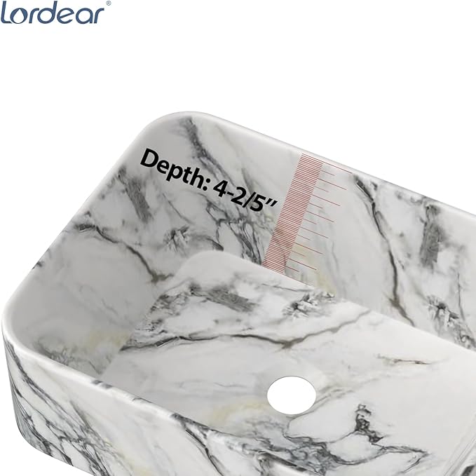 Lordear Bathroom Sink Above Counter 16"x12" Rectangle Vessel Sink Marble Porcelain Ceramic Vessel Sink, Rectrangular Above Counter Sink Art Basin
