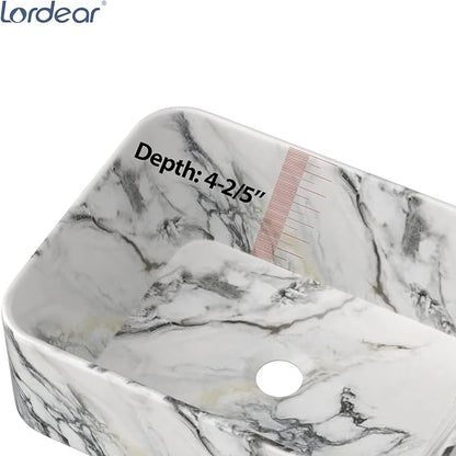 Lordear Bathroom Sink Above Counter 16"x12" Rectangle Vessel Sink Marble Porcelain Ceramic Vessel Sink, Rectrangular Above Counter Sink Art Basin