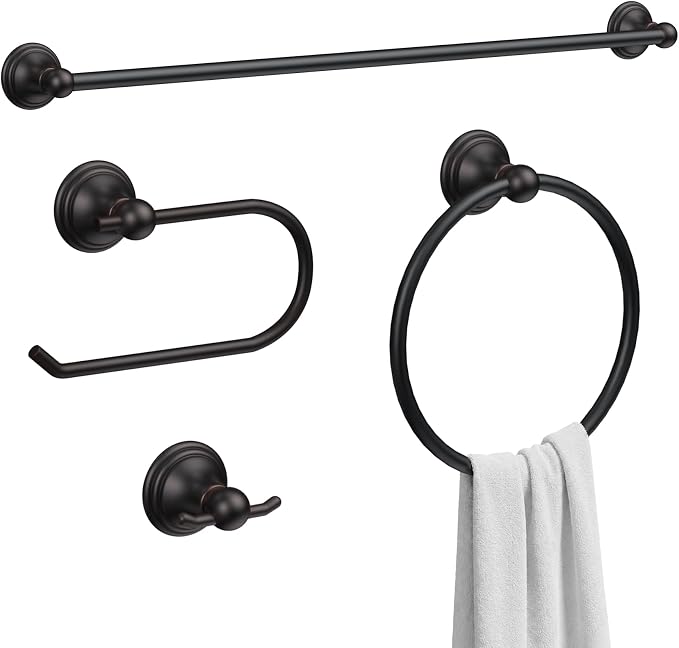 Formosa Design Hardware Classic 4-Piece Bathroom Accessories Set, 24-inch Towel Bar, Toilet Paper Holder, Towel Ring, and Robe Hook, Durable Zinc Alloy & Stainless Steel, (Oil Rubbed Bronze Finish)
