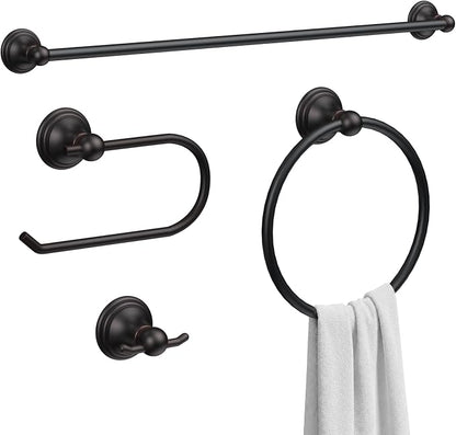 Formosa Design Hardware Classic 4-Piece Bathroom Accessories Set, 24-inch Towel Bar, Toilet Paper Holder, Towel Ring, and Robe Hook, Durable Zinc Alloy & Stainless Steel, (Oil Rubbed Bronze Finish)