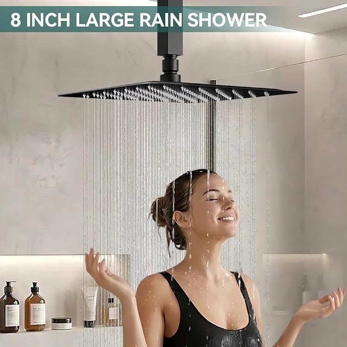 Shower System Shower Faucet Set, STARBATH 8" Rain Shower Head and Handheld Spray Shower Set Complete Ceiling Mounted,2 Way Pressure Balance Shower Valve and Trim Kit Included,Matte Black