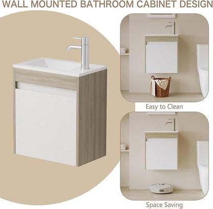 wonline 16” Small Bathroom Vanity Sink Combo for Small Space Wall Mounted Cabinet Set White Resin Basin Sink Top Chrome Faucet