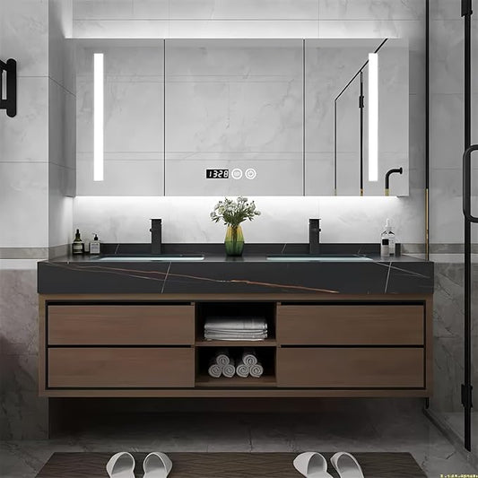 92IN Double Sink Bathroom Vanity, Floating Modern Bathroom Vanity Include Smart Defog Mirror Cabinet with LED Light, Solid Wood Vanities with Integrated Sink and Drawers Storage