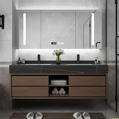 60IN Double Sink Bathroom Vanity, Floating Modern Bathroom Vanity Include Smart Defog Mirror Cabinet with LED Light, Solid Wood Vanities with Integrated Sink and Drawers Storage