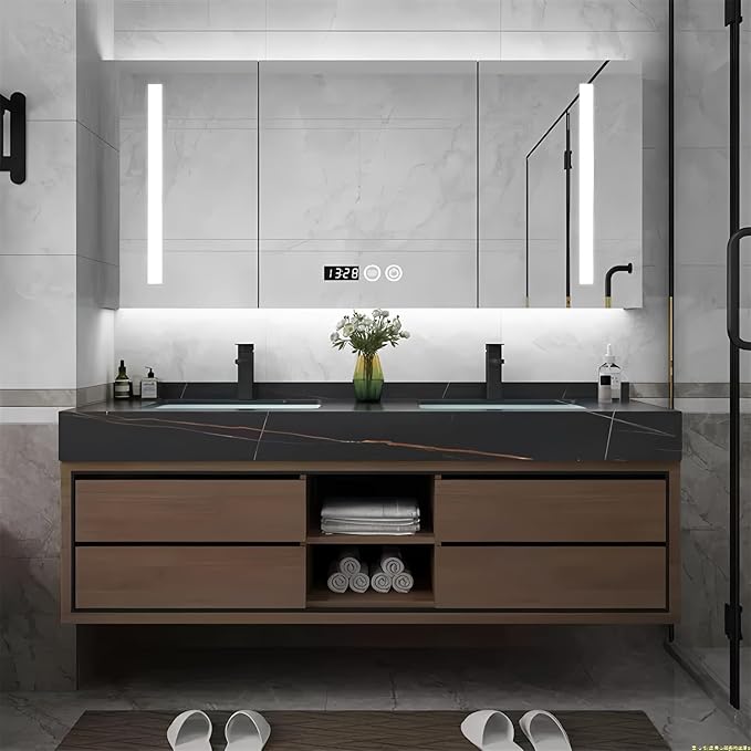 56IN Double Sink Bathroom Vanity, Floating Modern Bathroom Vanity Include Smart Defog Mirror Cabinet with LED Light, Solid Wood Vanities with Integrated Sink and Drawers Storage