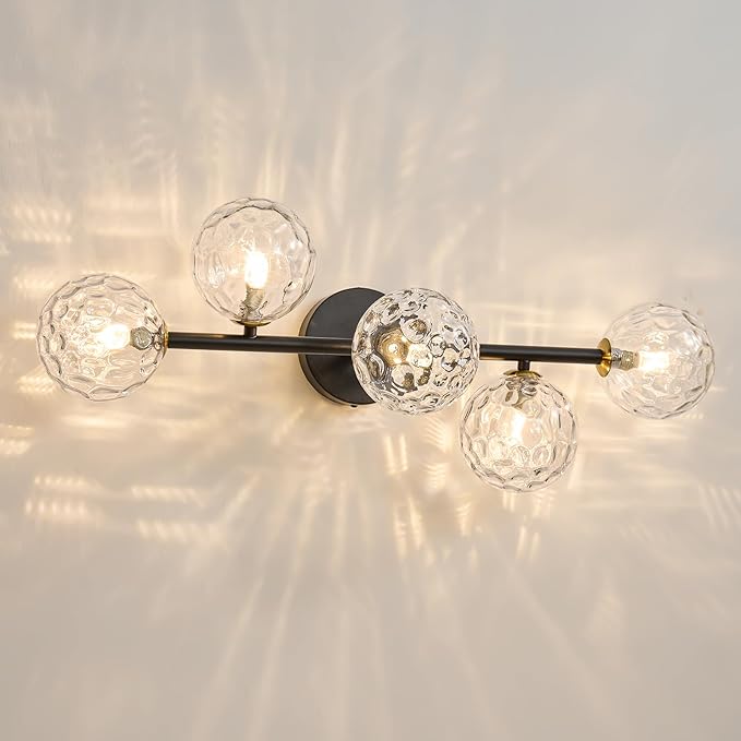 Bathroom Vanity Mirror Light Fixtures: Dimmable 5 Lights Bath Wall Sconce Lighting - Brass Black Vanity Lights with Hammered Clear Glass Shade - Modern Minimalist Makeup Light Above Mirror G9 Base